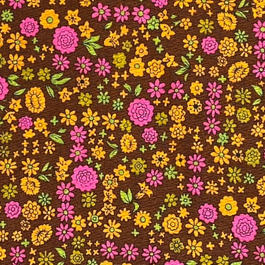 Vintage 1960s Bright Floral Rayon Crepe Fabric, Mid-Century Flower Power Yardage, 93 x 43 Inches 