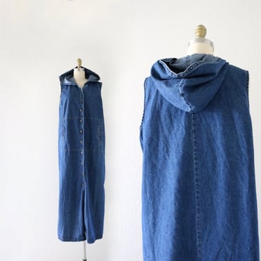 hooded denim maxi dress - l - vintage 90s y2k blue jean button front womens minimal casual long fall dress size large 