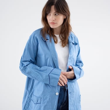 Vintage Light Sky Blue Chore Jacket | Navy Piping Unisex French Lightweight Cotton Utility Workwear Pyjama | M | 