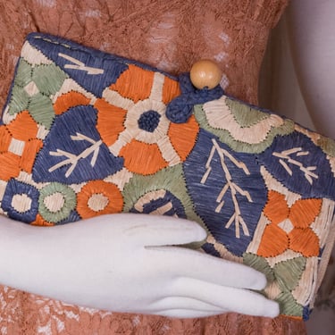 1930s Purse - Gorgeous Vintage 30s Woven Art Deco Straw Clutch Style Envelope Purse in Orange, Blue, Green and Cream with Wood Button 