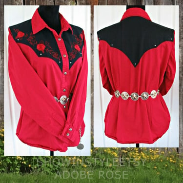 Adobe Rose Vintage Retro Western Women's Cowgirl Shirt, Embroidered Red Roses & Silver Studs, Tag Size 2X, (see meas. photo) 