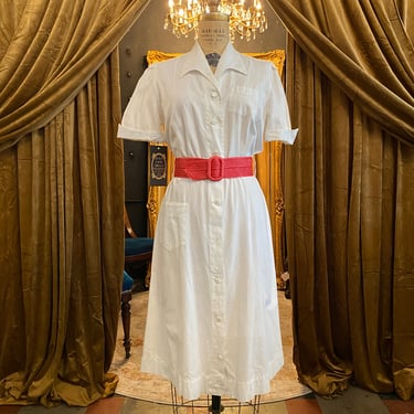 1940s nurse uniform, white cotton dress, vintage 40s dress, white swan, button front, puff sleeves, Red Cross, 29 waist, film noir, cuffs 