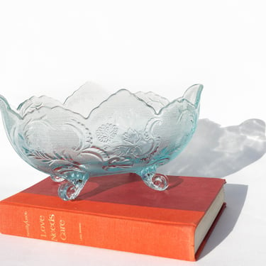 Vintage Aqua Blue Jeannette Glass Company Lombardi Serving Dish, Pressed Glass, Floral Design Centerpiece, Fruit Bowl, Vintage Glassware 