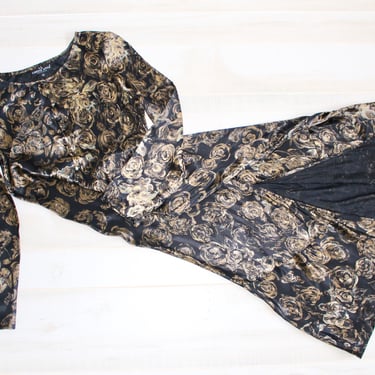 Vintage 90s Satin Maxi Dress, 1990s Floral Dress, Goth, Long Sleeve, Grunge, Flower Print, Black 