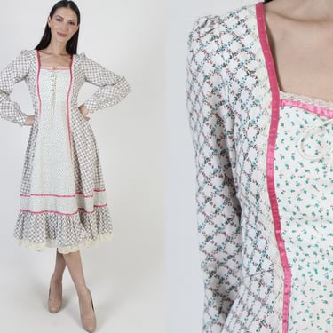 Homespun Brand Calico Dress, 70s Boho Wedding Sundress, Cottagecore Prairie Midi With Pockets 