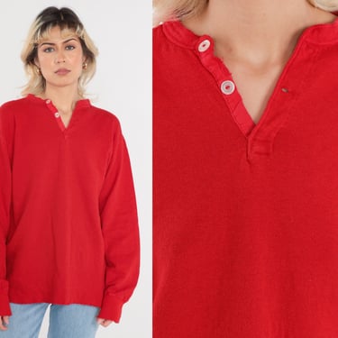 Red Henley Shirt 80s Duofold Thermal Long Sleeve TShirt Wool Nylon T-Shirt Plain T Shirt Warm Tshirt Undershirt Tee Vintage 1980s Mens XL 