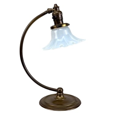 Vintage Art Nouveau Brass &#038; Opalescent Glass Shade Reading Table Lamp