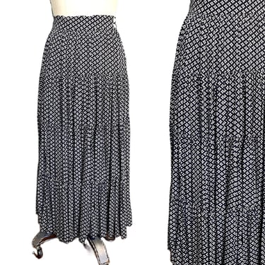 1990s Mondi tiered midi skirt - black and white floral - size medium 