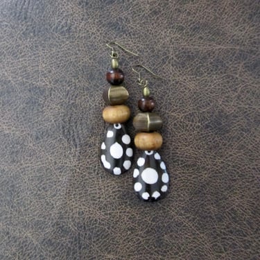 African earrings, bronze and bone horn earrings, wooden earrings, batik print Afrocentric earrings, ethnic bohemian earrings, exotic earring 