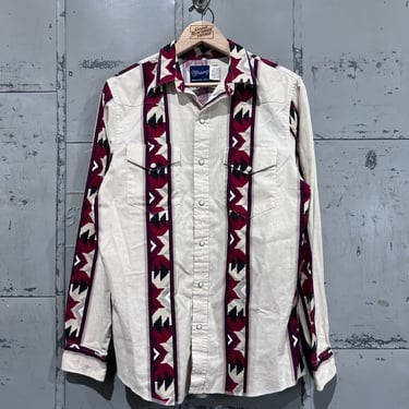 Vintage Kids XXL Wrangler Striped Aztec southwest Western Button Up white, red, black and beige 