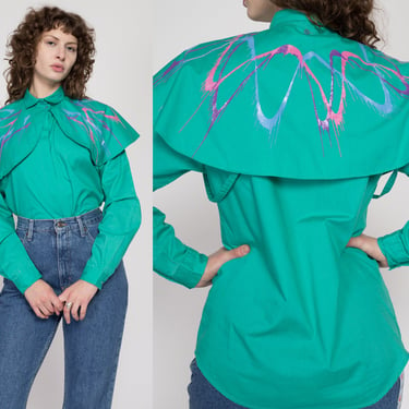 Medium 80s Teal Cameo Rose Western Capelet Shirt | Vintage Paint Splatter Graphic Collared Cape Top 