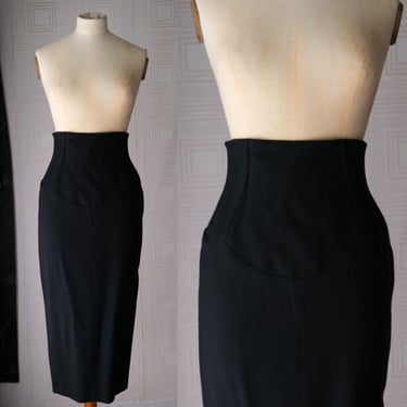 Vintage 80s ALAIA Black Boned High Waist Midi Pencil Skirt w/ Zipper Slit | Made in France | 100% Wool | 1980s Azzedine Alaia Designer Skirt 