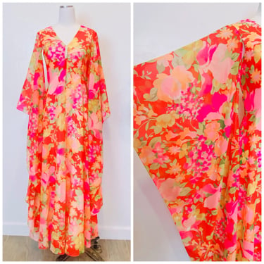 1970s Vintage Poly / Acetate Hot Pink Floral Maxi Dress / 70s / Seventies Angel / Bell Sleeve Rhinestone Gown / Small - Medium 