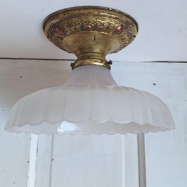 Scalloped Clam Broth Flush Mount Light, Fluted Glass Shade, Light Vintage Pendant Fluted Shade Light, Antique Bronze Copper Fixture 062402 