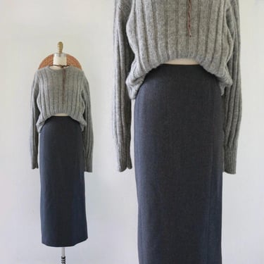 kangaroo pocket charcoal wool maxi skirt - 29 - vintage 90s y2k dark gray womens straight long simple minimal classic skirt fall winter 