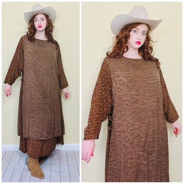 1990s Vintage Red's Threads Brown Animal Print Smock Dress  90s Rayon Side Button Dolman Sleeve Dress / Size L - XXL 