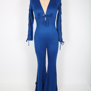 Vintage Jumpsuit Blue Lace Up Bellbottom Jumpsuit with Studio 54 vibes Disco Retro 70s 70s Jumpsuit 