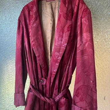 1940’s vintage maroon smoking robe with paint palette novelty print 