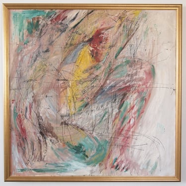 Original Vintage ABSTRACT EXPRESSIONIST Figure PAINTING 38x38" Oil / Canvas Framed, Mid-Century Modern Art cy twombly eames knoll era 