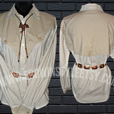 Chaparral Ridge Vintage Retro Western Women's Cowgirl Shirt, Rodeo Queen Beige &amp; White Striped Blouse, Tag Size Medium (see meas. photo) 