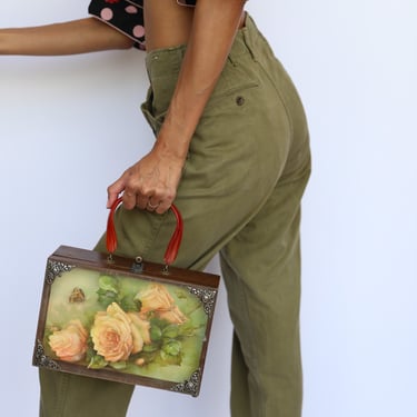 1960's Box Handbag / Floral Purse / Pretty Box Bag / Spring Themed Handbag / Wooden / One of a Kind Box Purse / Top Handle Purse 