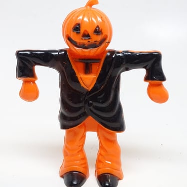 Vintage 1950's Halloween Candy Container, Antique MCM Retro Scarecrow Man with Jack-o-lantern Head 