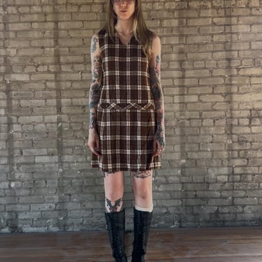 Med, Vintage 1970s Brown Plaid Mid Length Dress, Sleeveless 