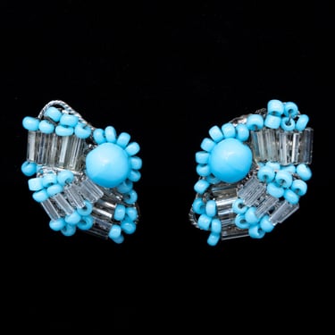 Miriam Haskell Blue Beaded Flower Earrings