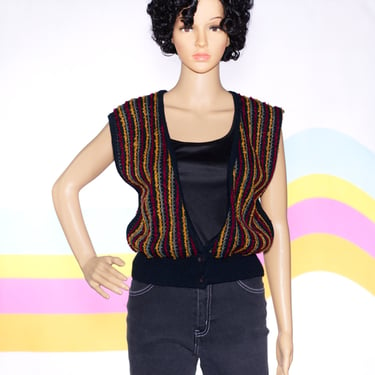 Vintage 1970s Black Striped Boucle Sweater Vest | Small | 11 