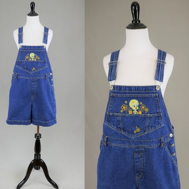 90s Tweety from Looney Tunes Shorts Overalls - Embroidered Blue Cotton Jean Bib Shortalls - Vintage 1990s - XL Plus Size 
