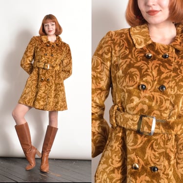 Vintage 1970s Coat / 70s Mustard Floral Tapestry Coat / Yellow ( S M ) 