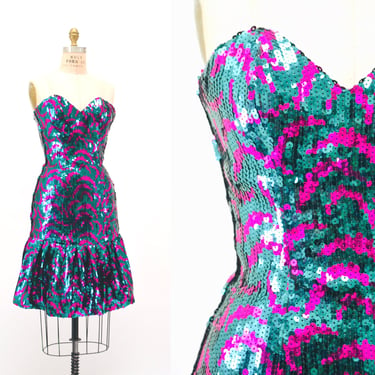 80s Prom Dress Sequin Party Dress Ruffles Size XXS Xsmall Pink Green  Metallic// Vintage 80s Pageant Dress Xxs Girls 80s Prom Dress 