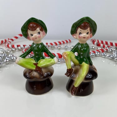 1950's Enesco Japan Anthropomorphic Pixie Elves Salt and Pepper Shaker Set, Pixies on Mushrooms, Green Pixie Elf Collectible, Mushroom Decor 