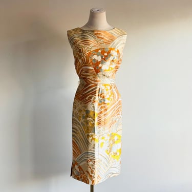 vintage handmade Chinoiserie metallic silk Jacquared blouse & pencil skirt set 60s mod style matching skirt and top 