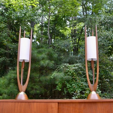Pair of Mid Century Modern Modeline tall walnut and brass  table lamps 