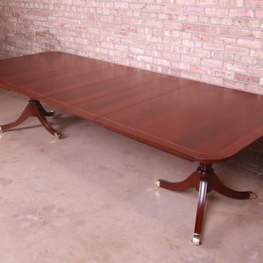 Kindel Furniture Georgian Mahogany Double Pedestal Extension Dining Table, Newly Refinished