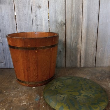 Vintage Wooden Ice Bucket with Fabric Lid 11.75 X 11 X 12