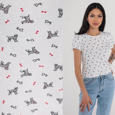 Dalmatian Shirt 90s Baby Tee Ribbed White T-Shirt Dog Print Crop Top Retro Cute Kawaii Animal Pattern Cropped Tshirt Vintage 1990s Medium M 