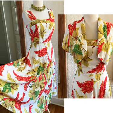 Awesome 1940's Cold Rayon Hawaiian Dress with Matching Bolero Jacket! Size Small 