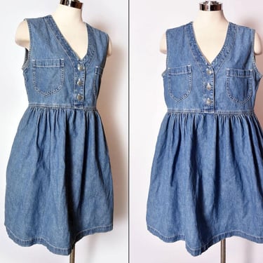 80's Blue Jean Denim Dress Sleeveless Medium, 1980's Vintage Day Sun Dress SOSTANZA USA Cotton Full Skirt 