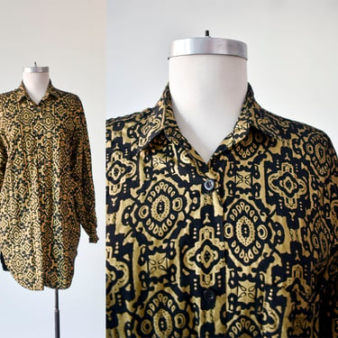 80s All Over Print Blouse / Vintage Gold Blouse / Vintage Limited Top / 90s Womens Streetwear / Streetwear Blouse Large 