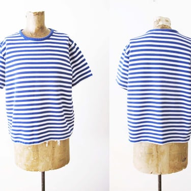 Vintage 90s Striped Shirt M - Blue White Ribbed Cotton Blend T Shirt - Boxy 1990s Short Sleeve T Shirt- Ringer Neck 