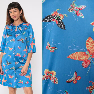 70s Butterfly Nightgown Blue Psychedelic Pajama Dress Keyhole Neck Lounge Dress Mini Hippie Bohemian Nightie Boho Vintage Button Up Small 