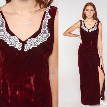 Velvet Maxi Dress 70s Dark Red Party Gown Side Slit Sheath Lace Vintage Sleeveless V Neck Bohemian 1970s Cocktail Small xs s 
