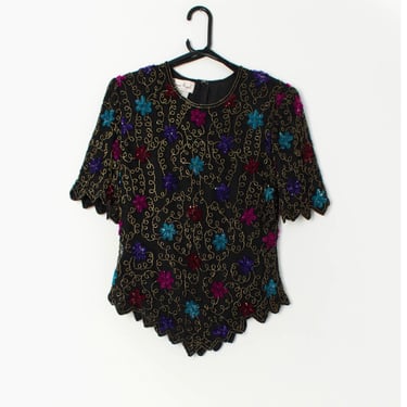 Vintage sequin top in black with floral pattern by Laurence Kazar - Medium 