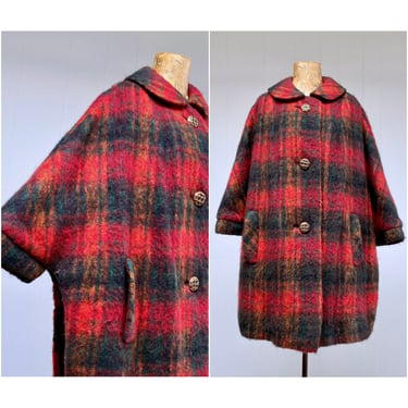 Vintage 1950s Plaid Wool Cape Coat, Halldon Ltd. Mid-Century Red Blanket Casual Travel Coat Woven in Italy, Medium 
