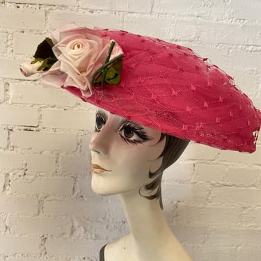 Vintage 1950s hot pink tulle cartwheel hat, 50s millinery, wide brim saucer hat, hat with netting and rose, mid century fashion 