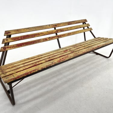 Vintage Industrial Slatted Bench with Original Paint / Metal & Wood / Patina 