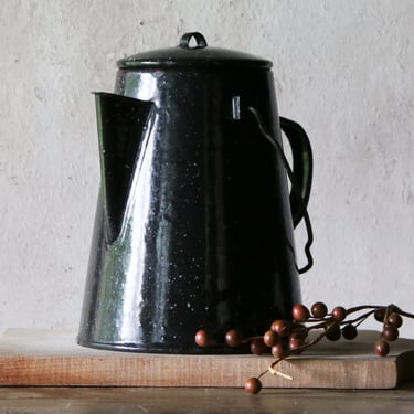 Black Enamel Pitcher, Vintage Black Speckled Coffee Pot 