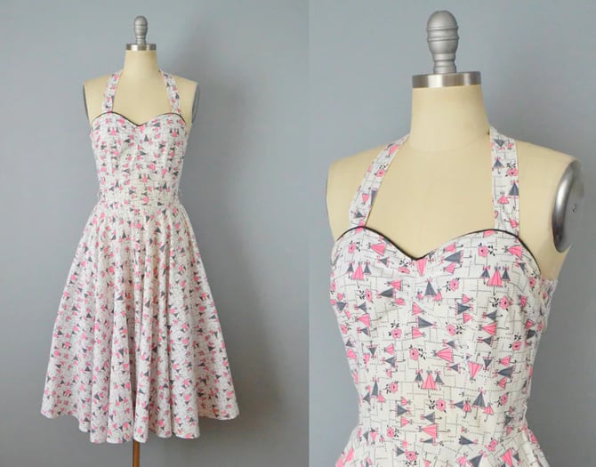 1950s Novelty Print Dress / Floral Print Dress / Umbrella Print / Fit And Flare Dress / Size Extra Small - Small 